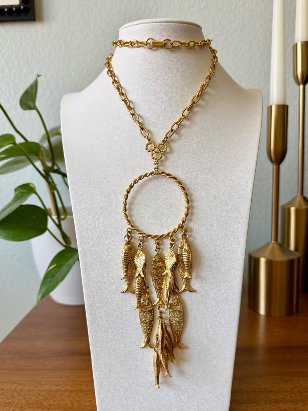 Vintage Gold-tone School of Fish Charm Pendant AB Crystal Chain Link Necklace